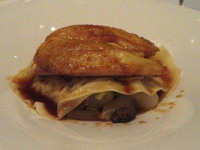 spring chicken with ravioli di morillas